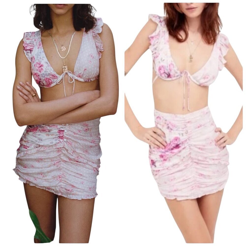 For Love & Lemons Taylor Floral Bra Top & Ruched Mini Skirt Set Small NWT